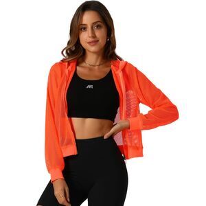 Hoodie Jacket Zip Up Long Sleeve Mesh Sheer Bomber Jackets Orange